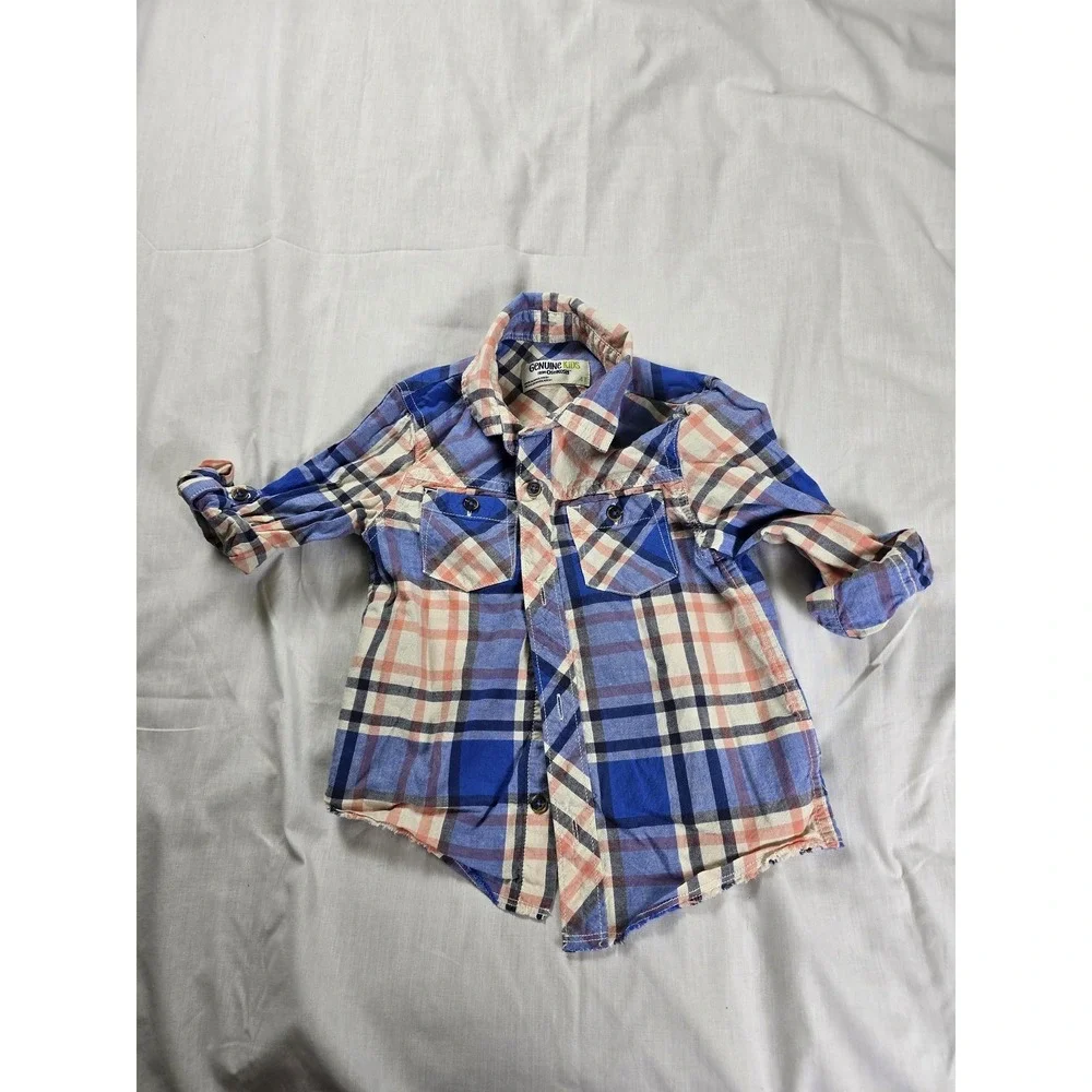 Genuine Kids OshKosh Shirt Boys 4T Blue Peach‎ Plaid Button Front Casual